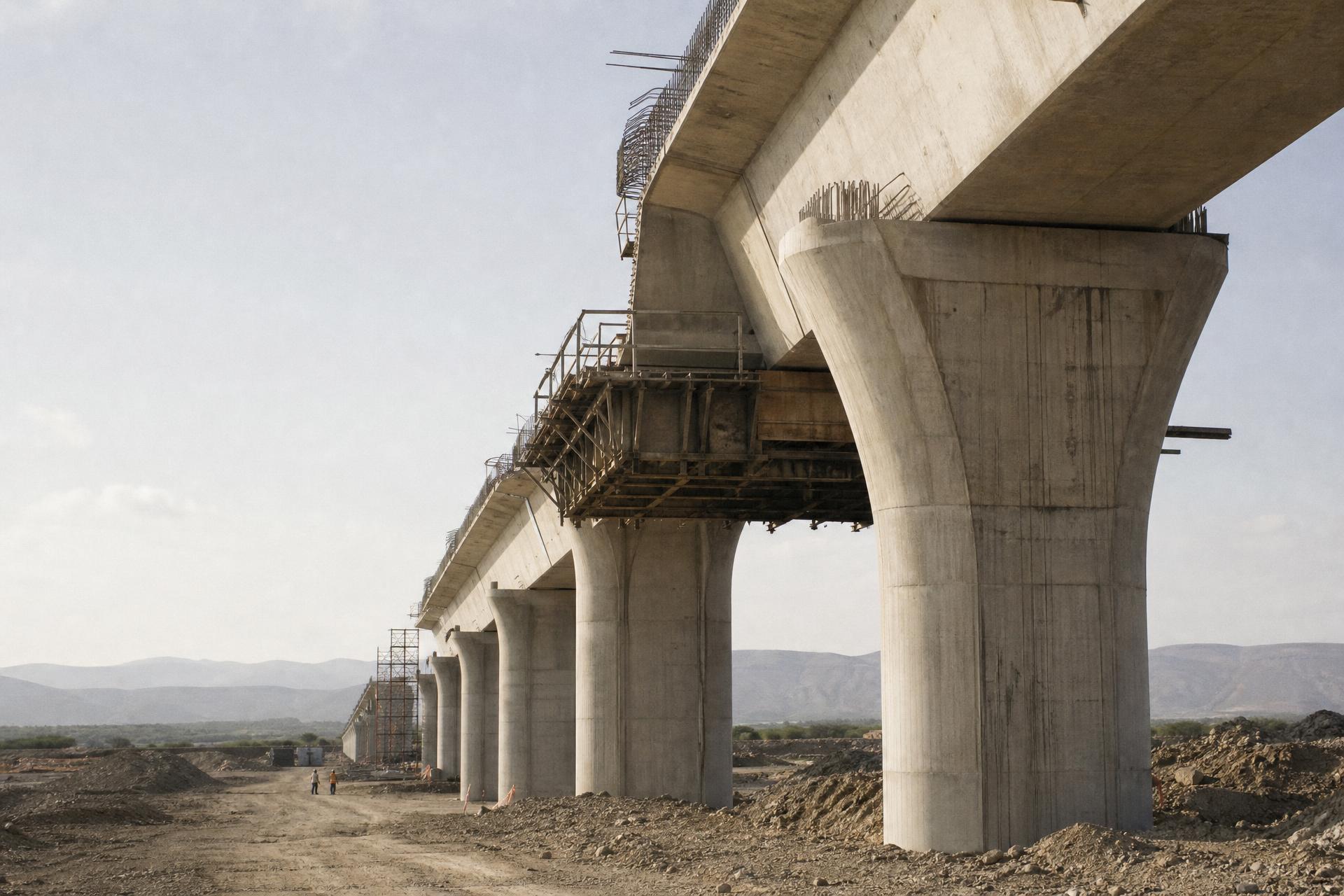 Elevated highway viaduct under construction, concrete piers and cranes at low sun