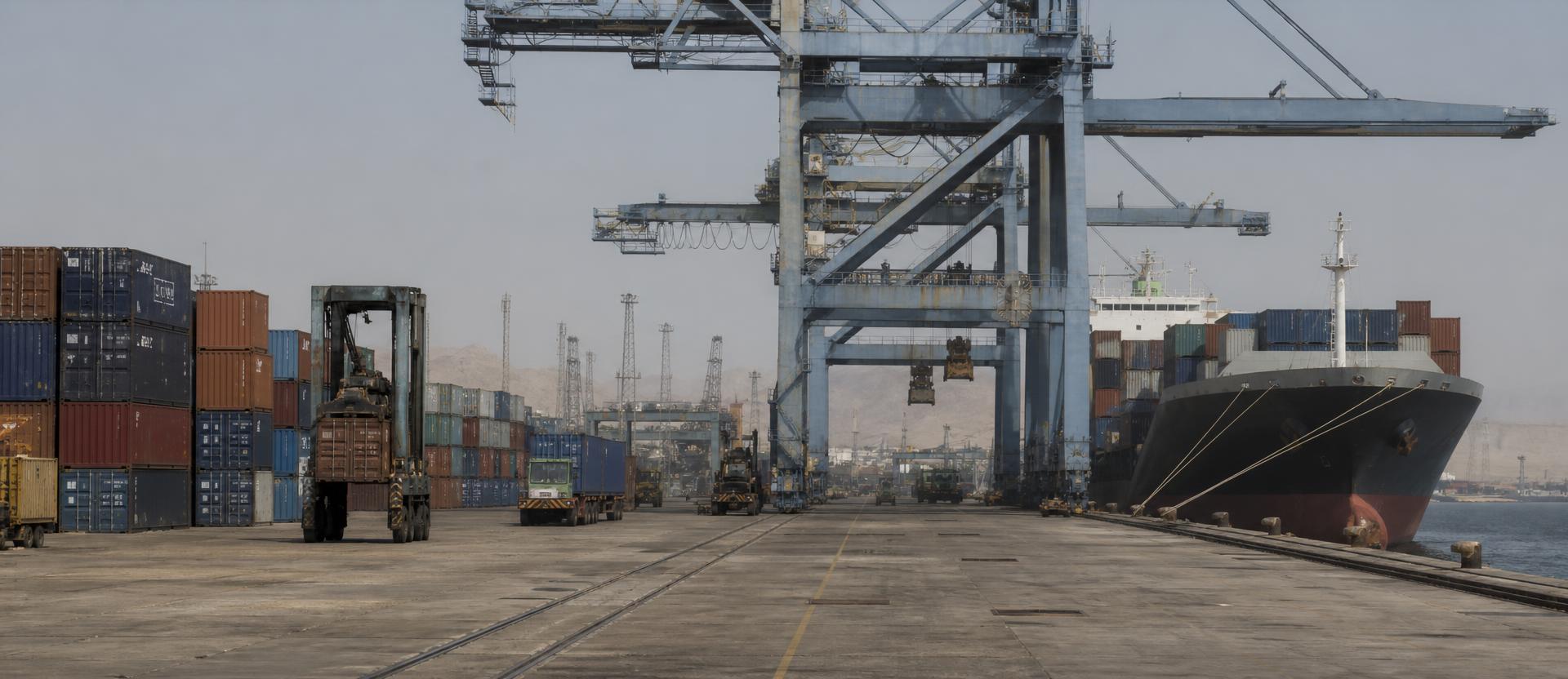 Container port at dawn, gantry cranes loading a freight ship alongside stacked shipping containers