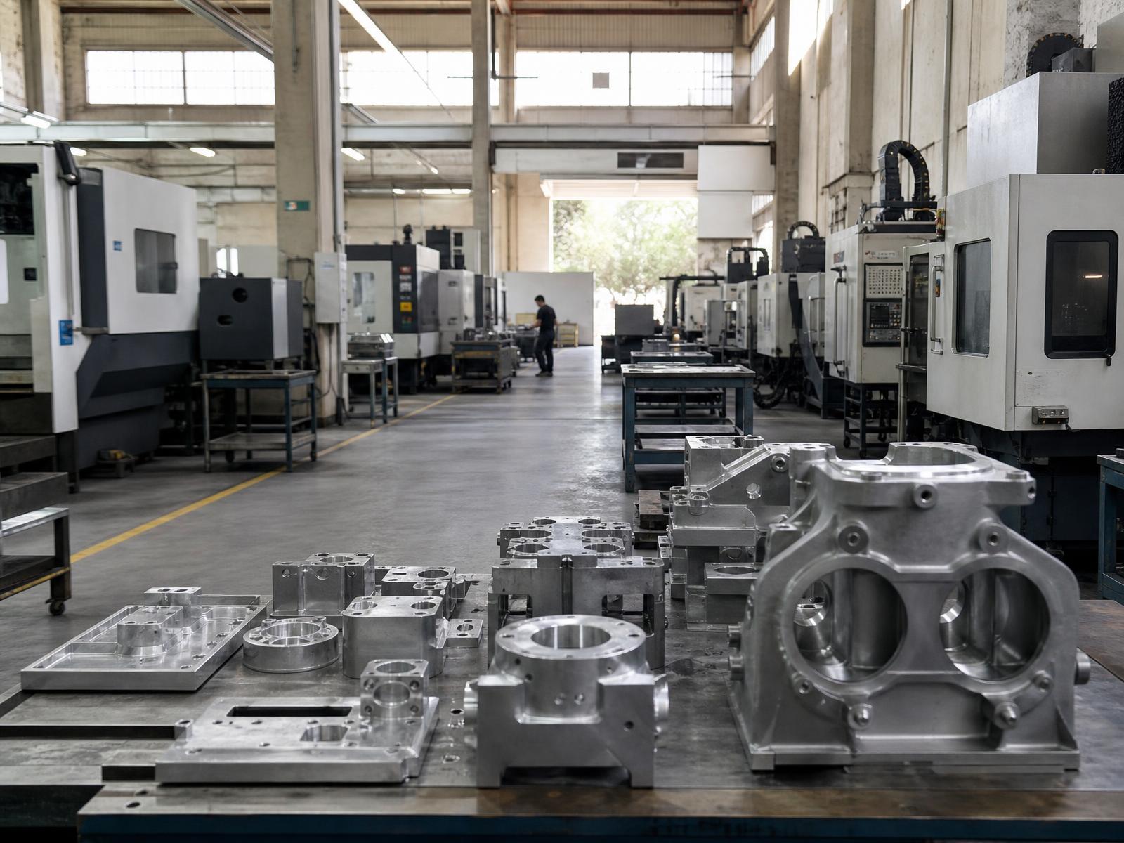 Operator inspecting precision-machined steel flanges on a pallet inside a Mexican manufacturing plant