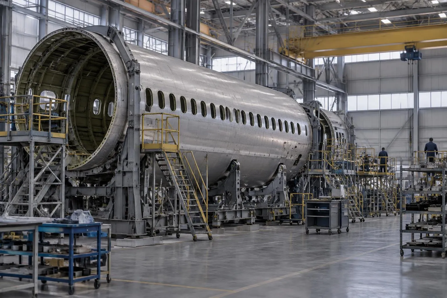 Fuselage section in an assembly jig at a Mexican aerospace plant.