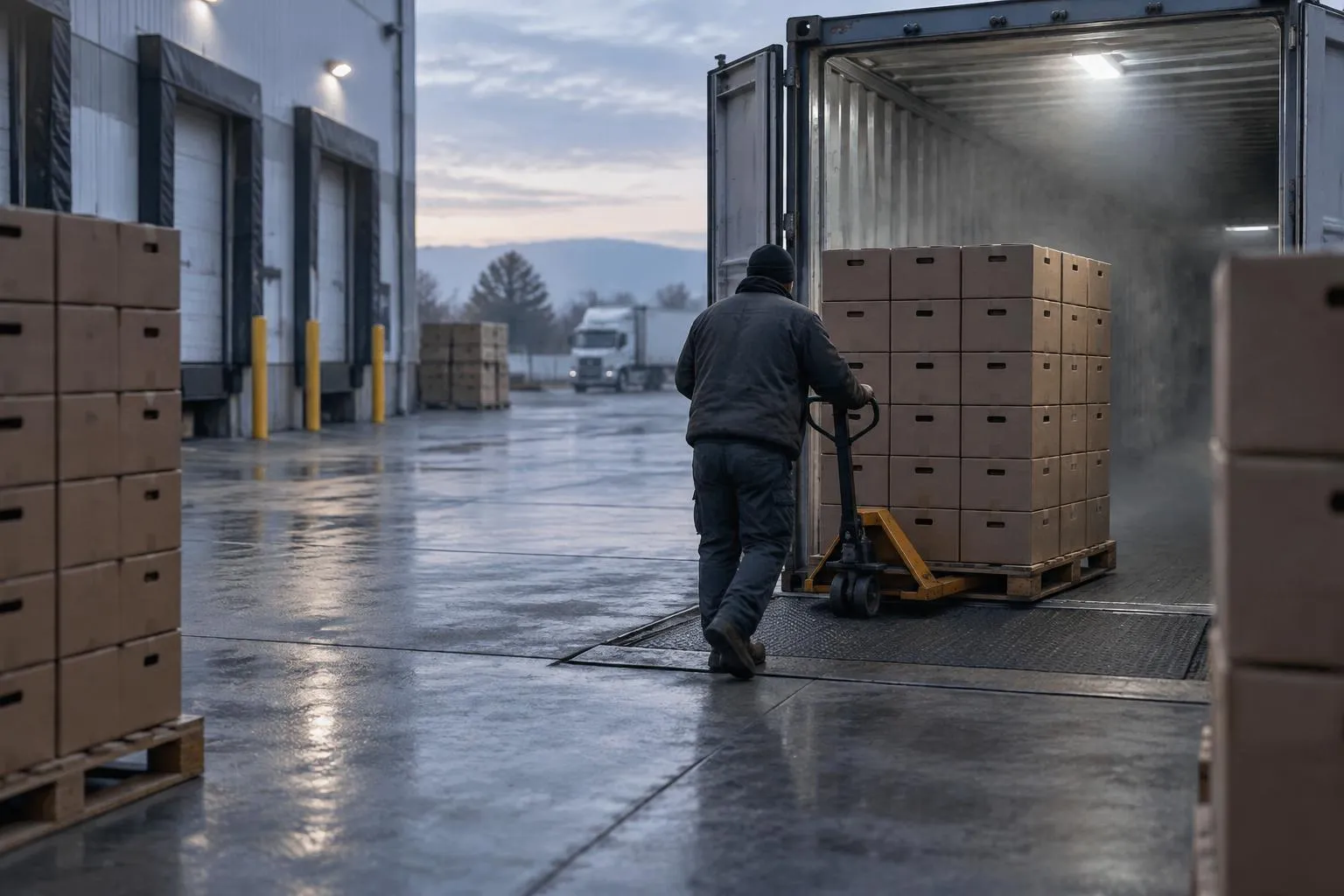 Pallets loaded into a refrigerated container at a Mexican export packhouse.