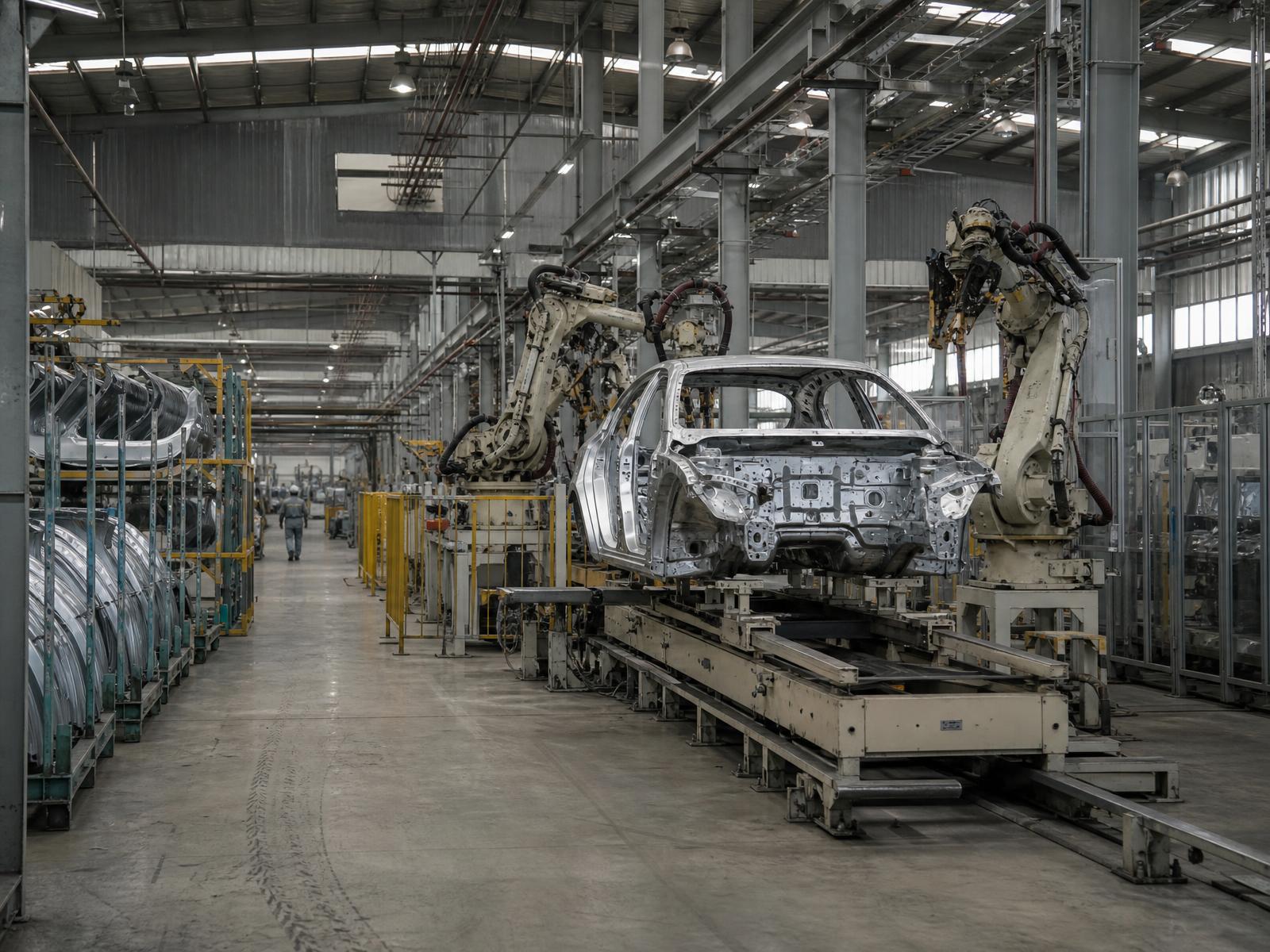 Robotic welding arms working on a body-in-white car shell along an automotive assembly line