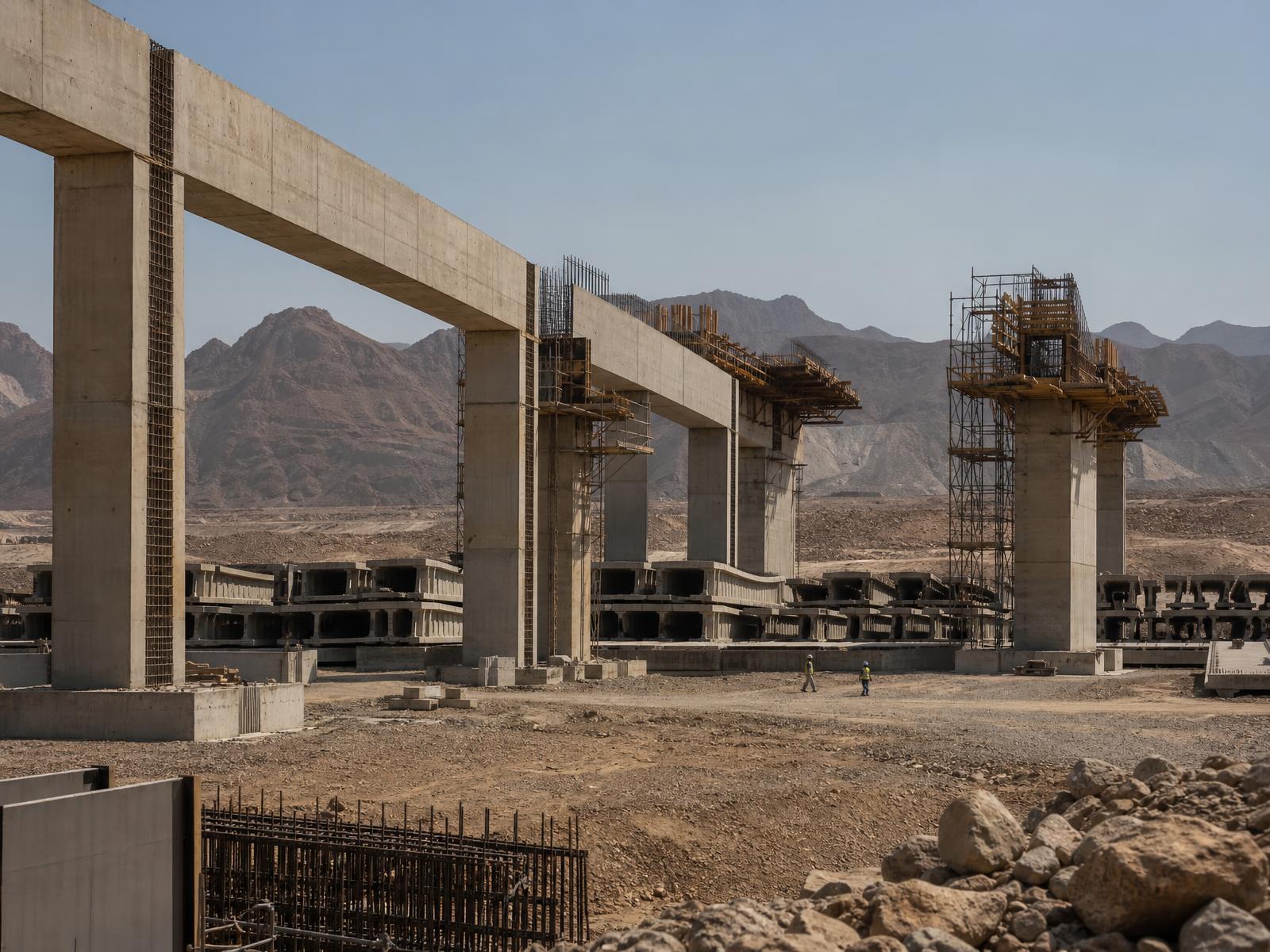 Precast concrete viaduct segments, formwork and scaffolding on an arid large-scale infrastructure construction site