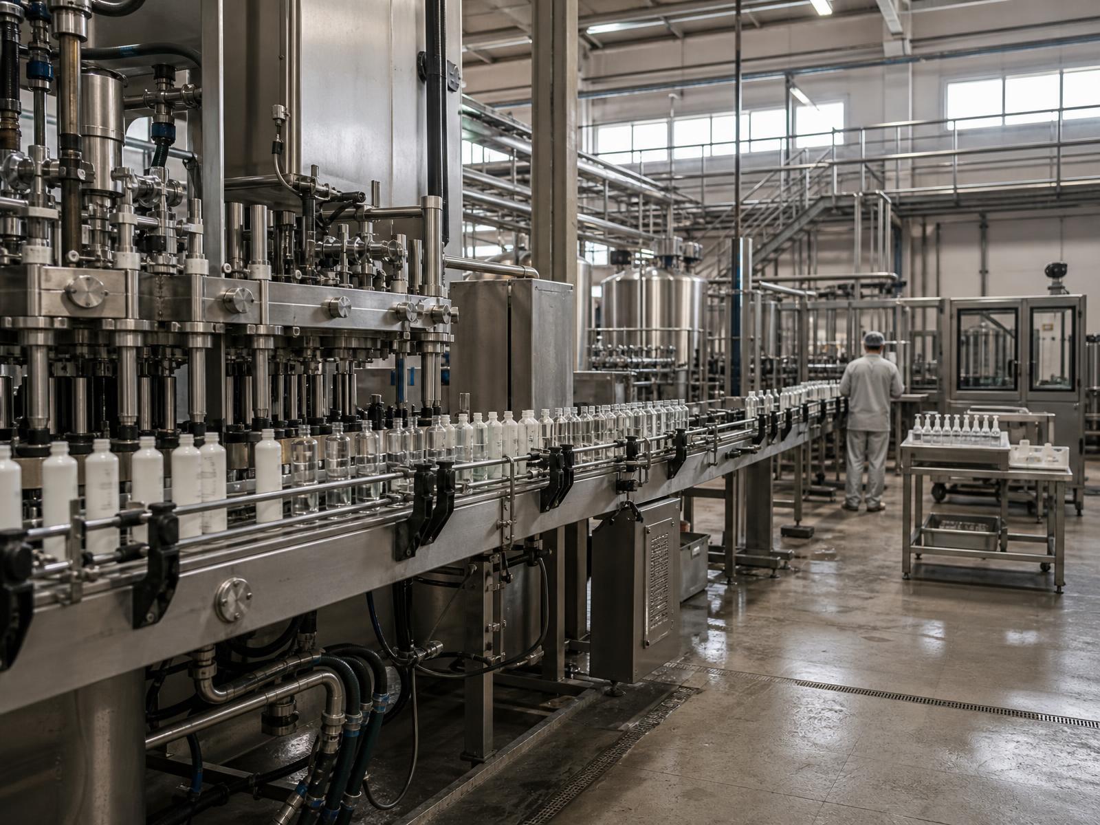 Unlabelled glass jars and aluminium bottles moving along a stainless steel personal-care filling line