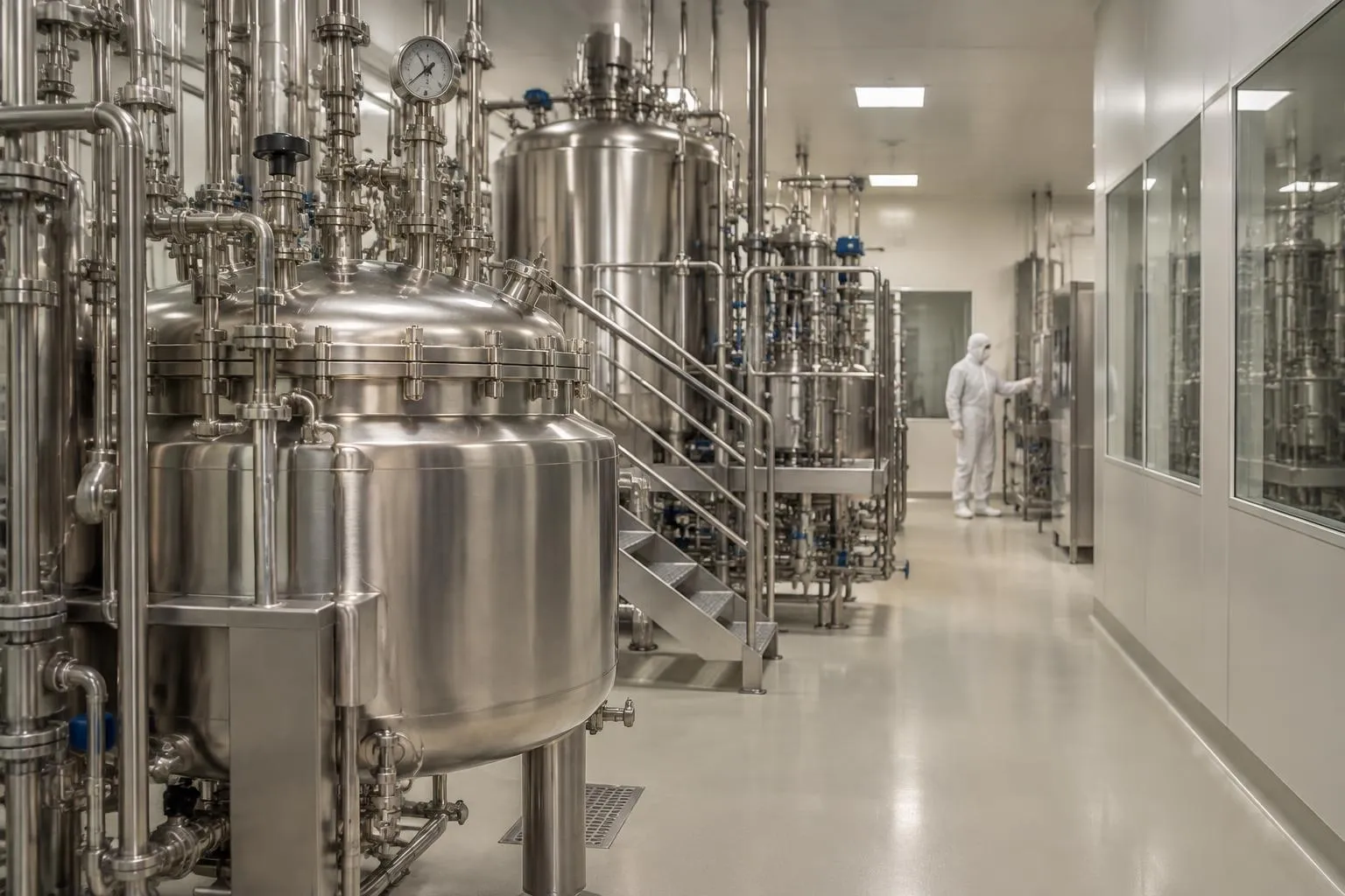 Stainless steel process vessels in a Saudi pharmaceutical plant.