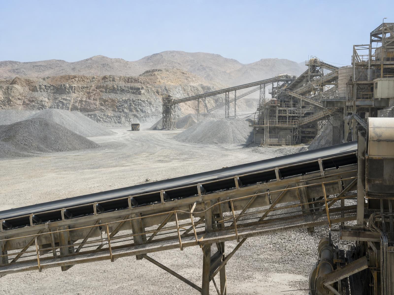 Crushing plant and conveyor galleries feeding ore stockpiles at an open-pit mineral operation in dry rocky terrain